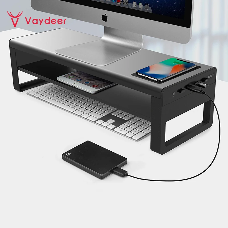 

Vaydeer 2 Tiers Aluminum Monitor Stand with Wireless Charging and 4 Ports USB 3.0 Hubs Support Data Transfer