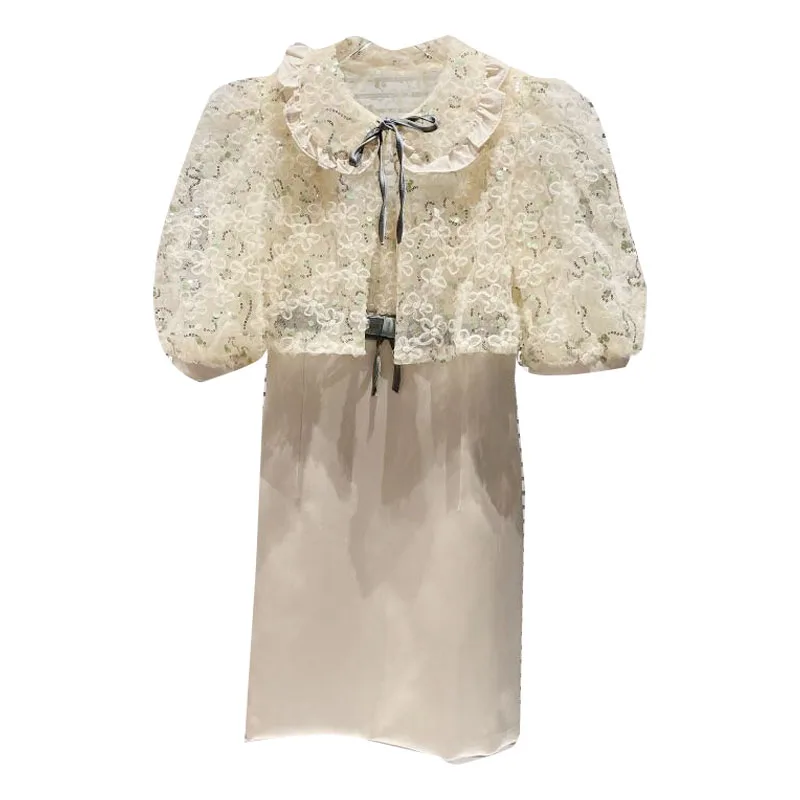 

2021 Summer New Dress Suit Women Sequined Organza Bow Short Coat+ Shoulder-straps Dresses Female Party Sexy Dress Two Piece Set
