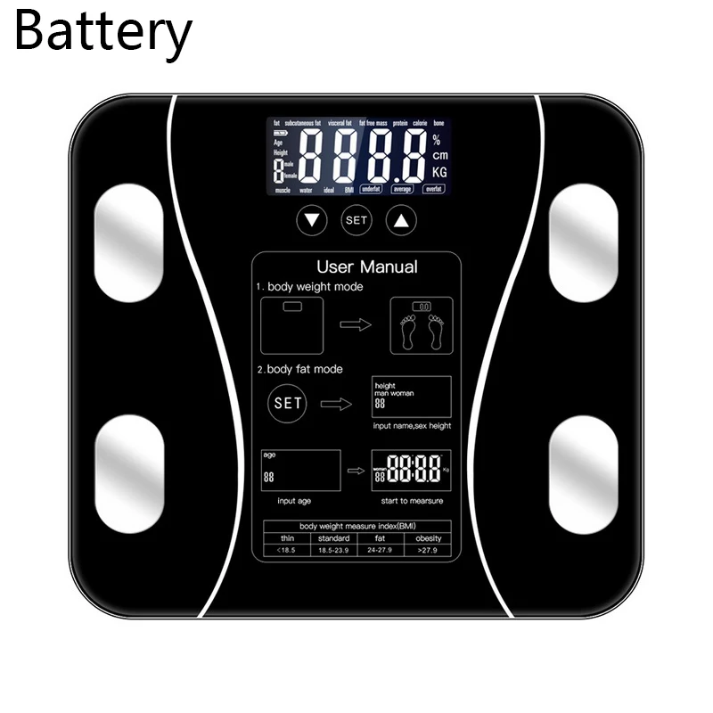 Battery Смарт-весы для жировых отложений, напольный, научный, умный, электронный, светодиодный, цифровой, для измерения веса, баланс, Bluetooth, приложение для Android или IOS - Цвет: Battery
