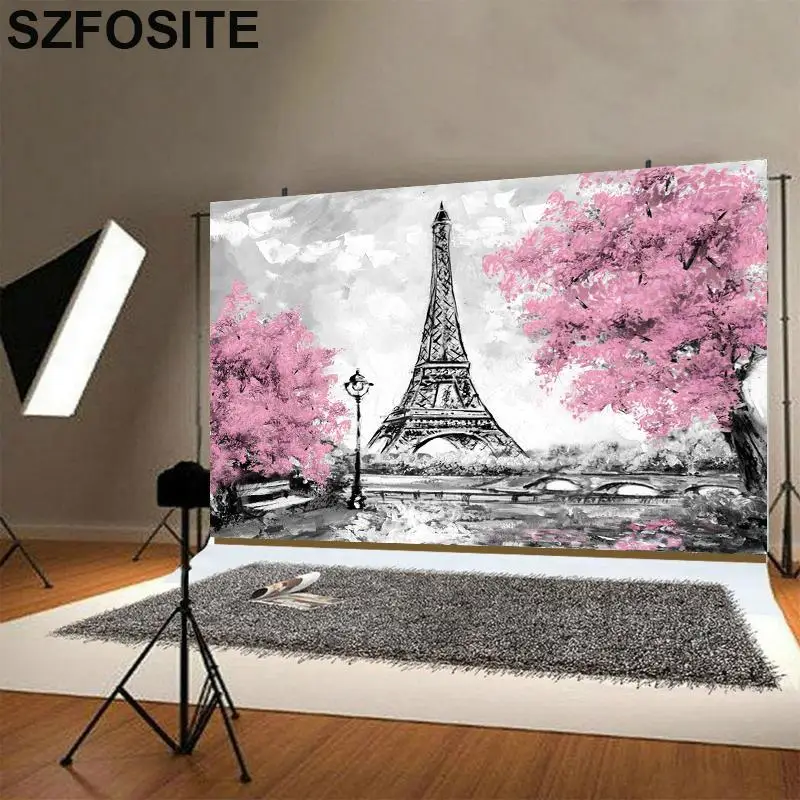 

Beautiful Eiffel Tower Flower Tree Photography Background Photo Family Room Scenic Picture Decoration Kids Custom Vinyl Backdrop