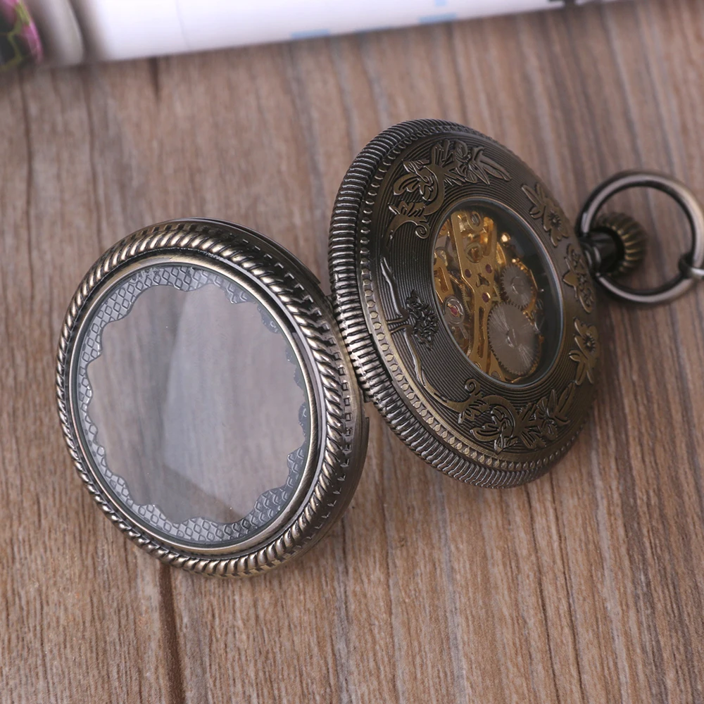 New Fashion Unique Self Wind Pocket Watch Bronze Pendant Retro Skeleton Mechanical Pocket Watch Women Men
