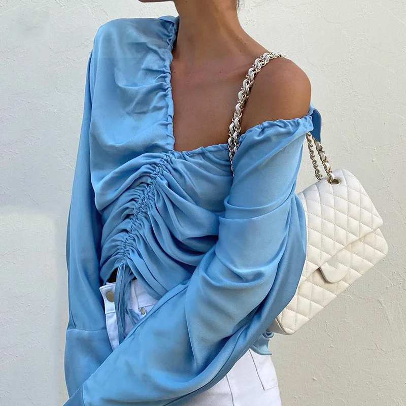 

SEASONS 2021 Autumn Women Solid Long Sleeve Drawstring Satin Blouse Lace Up V Neck Loose Casual Streetwear Elegant Top ASBL83734