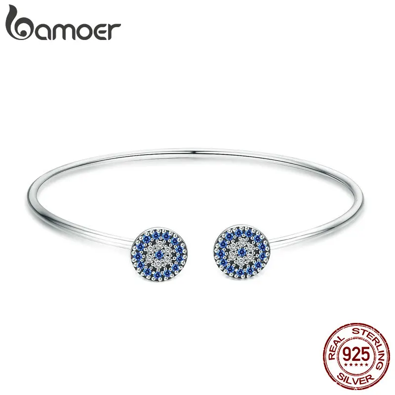

BAMOER 100% 925 Sterling Silver Blue Zircon Lucky Eyes Bracelet for Women Open Cuff Bangle Classic Luxury Jewelry SCB058