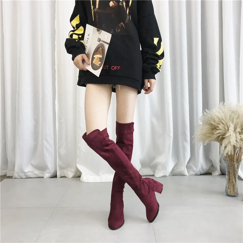 2019 женские замшевые сапоги выше колена на низком квадратном каблуке 7 см Женские