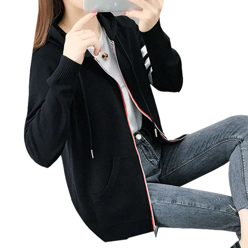 Women Sweater With A Hood 2021 New Arrival Autumn And Winter Zipper Pocket Student Female Knitted Cardigan Black Blue Gray A65 Women Sweater With A Hood 2021 New Arrival Autumn And Winter Zipper Pocket Student Female Knitted Cardigan Black Blue Gray A65