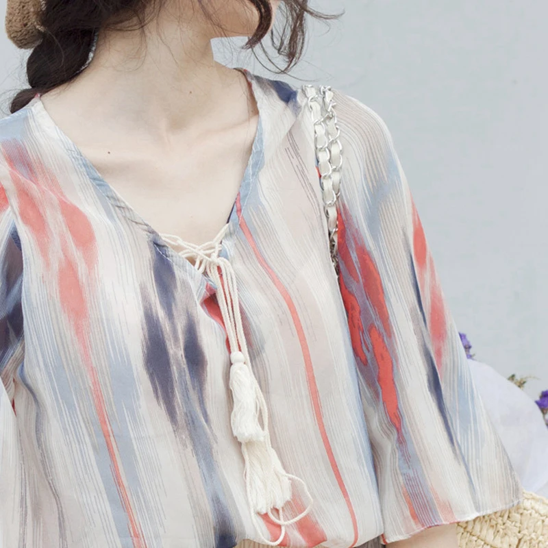 Женская шифоновая блузка Новая Повседневное v образным вырезом шифон оборки