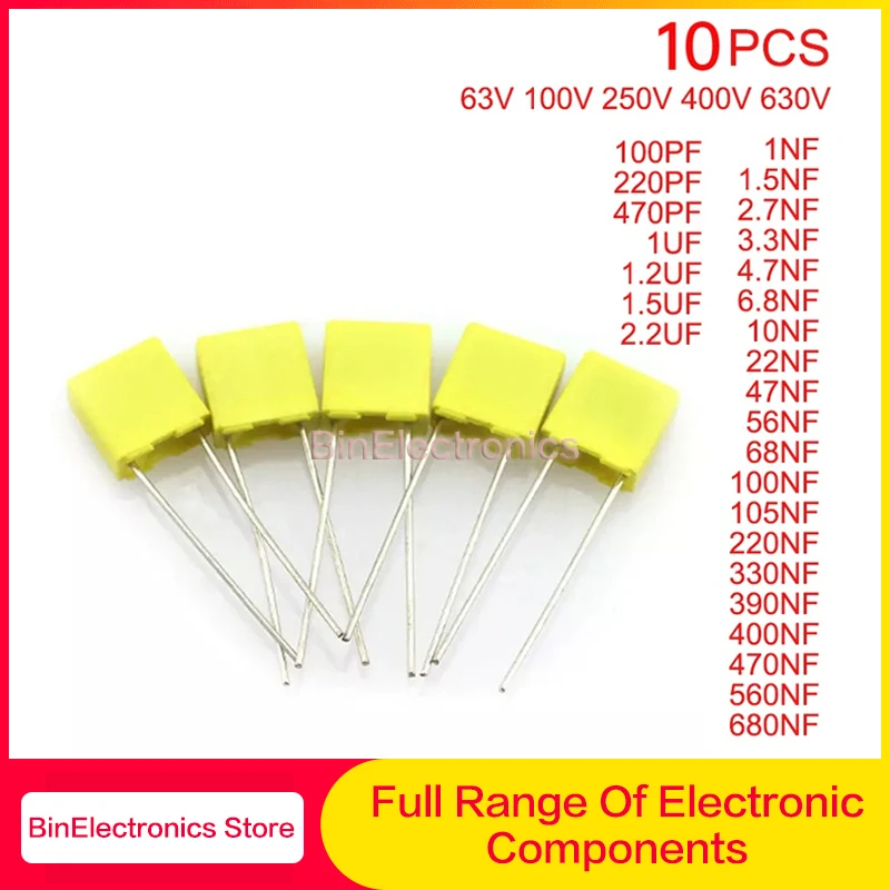 

63V 100V 250V 400V 630V Polypropylene Safety Plastic Film 1NF~680NF 10NF 22NF 47NF 100NF 220NF 1.2UF 100PF Correction Capacitor