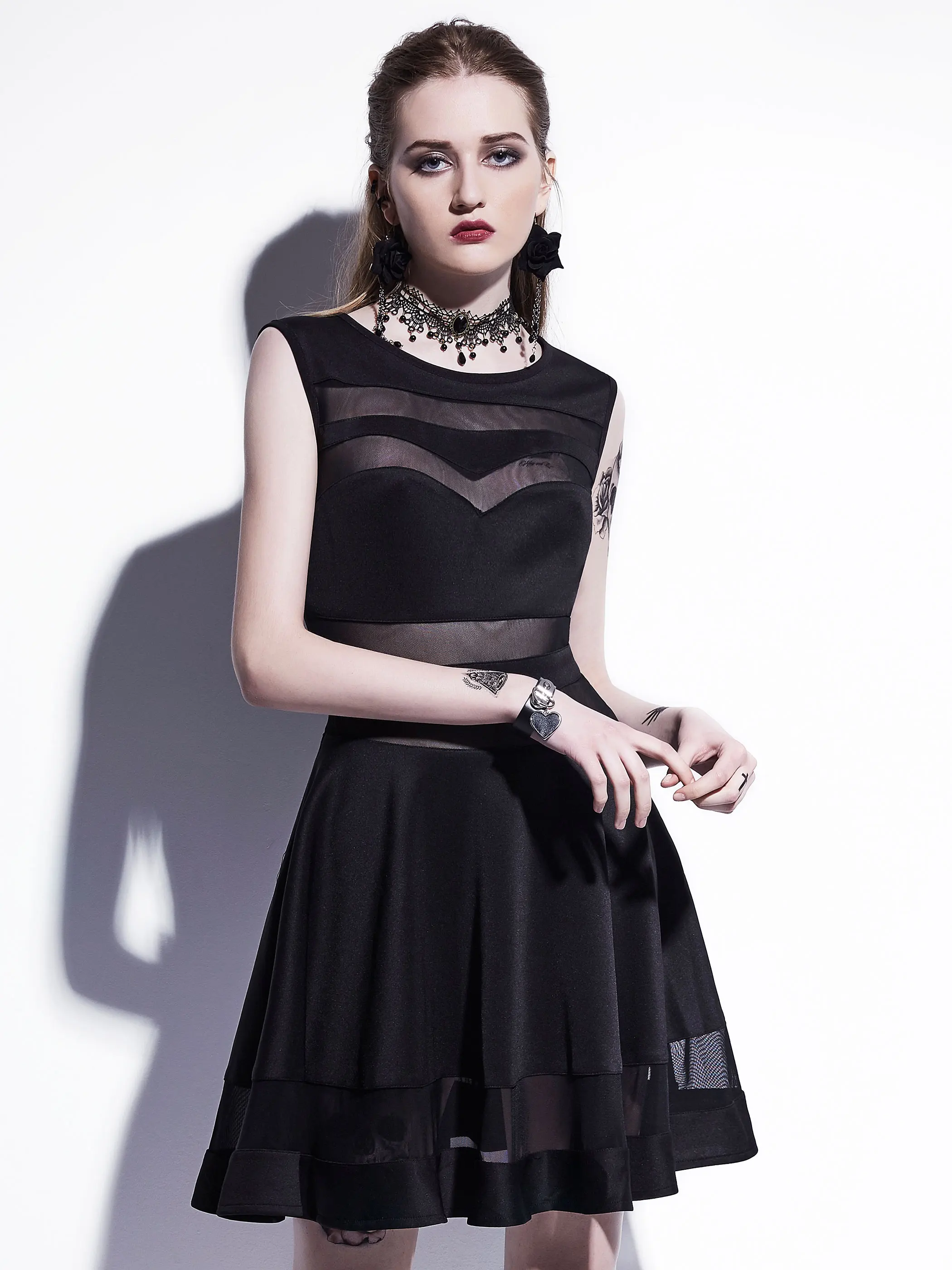 

Gothic Vintage A Line Short Dress Women Black Mesh See Through Preppy Style Sleeveless Summer Pin Up Dresses Elegant
