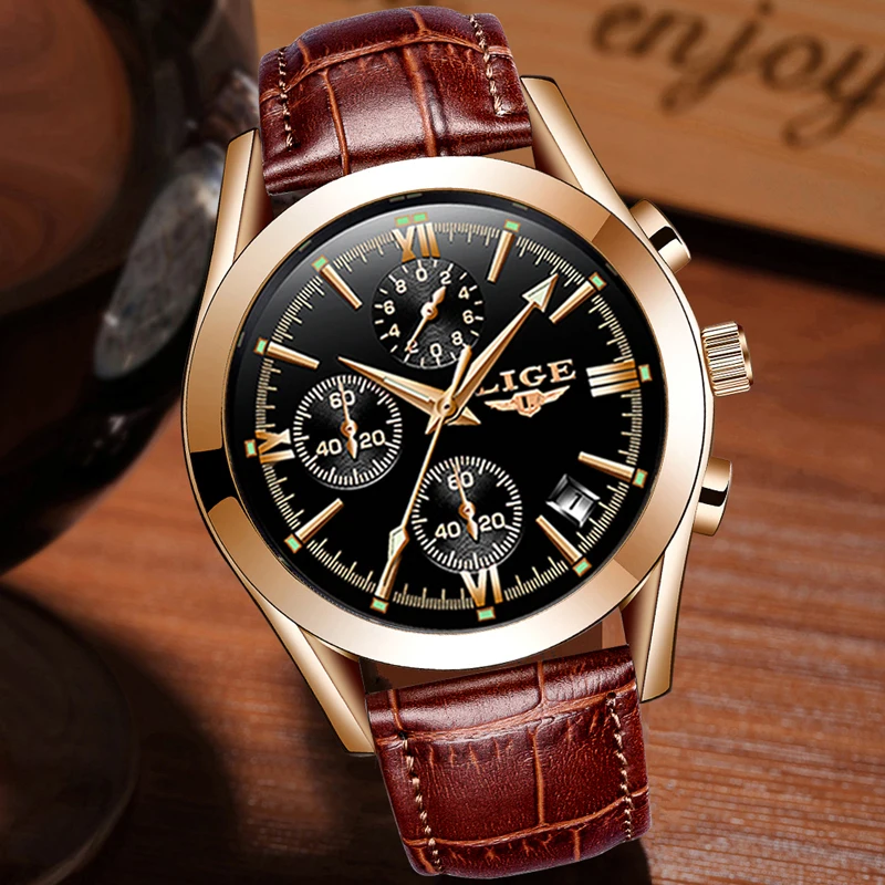 Montre homme LIGE модные золотые Для мужчин s часы кожа аналоговые кварцевые часы Для мужчин возможностью погружения на глубину до 30 м Водонепроницаемый спортивные с секундомером и календарем, мужские часы+ коробка