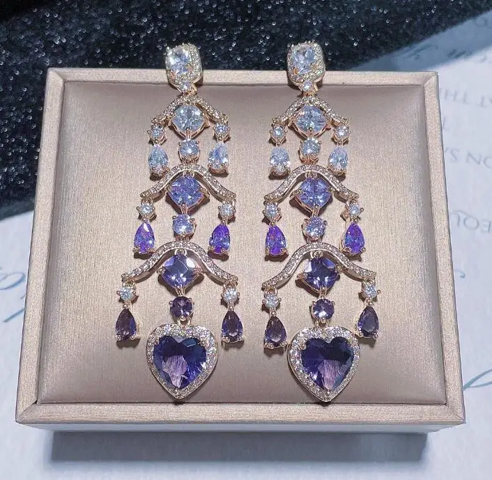 

Fashion national tide court style heart-shaped tassel earrings European and American micro-inlaid zircon women Korea Jewelry