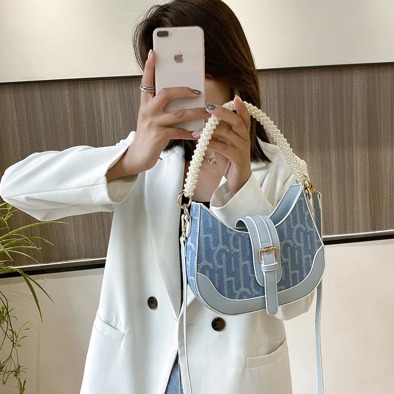 

Synthetic Leather Women's Shoulder Bags 2021 Fashion Female Crossbody Bags Pearl Ladies Handbag Letter Print Tote Bags for Girls