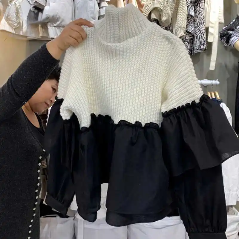 

Корейские укороченные свитера, осень 2021, женская одежда, пуловер с высоким воротом, вязаный эстетичный свитер в стиле пэчворк с оборками, дж...