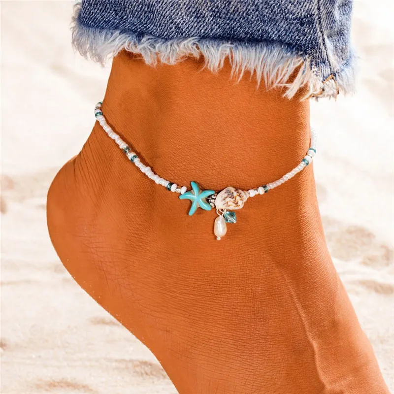 

Fashion Sea Turtles Pearl Starfish Wave Heart Charms Bracelets Anklets For Wom Bohemian Summer Foot Chain Jewelry Gifts