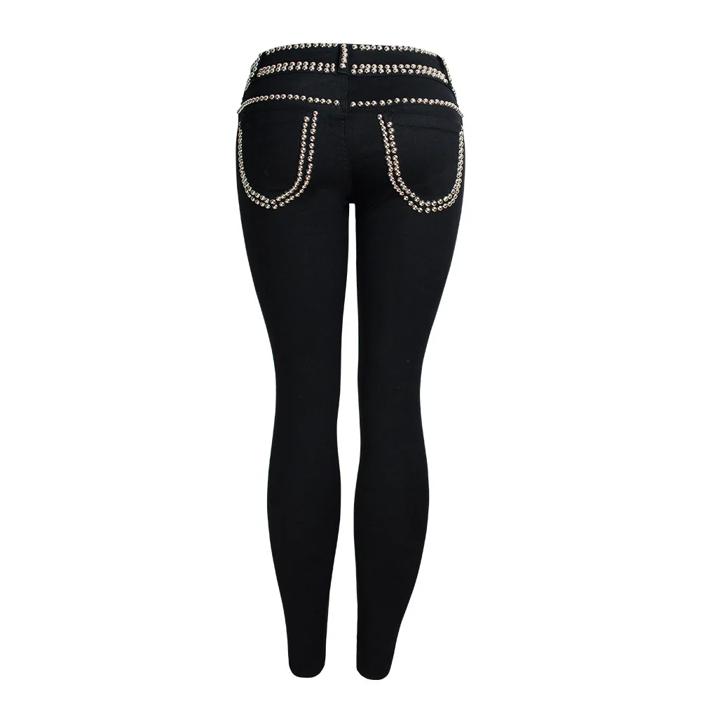

Women Black Cotton Studded Jeans Low Waist Push Up Hip Pencil Lift Skinny Jean Trousers Plus Size High Elastic Rivet Denim Pants