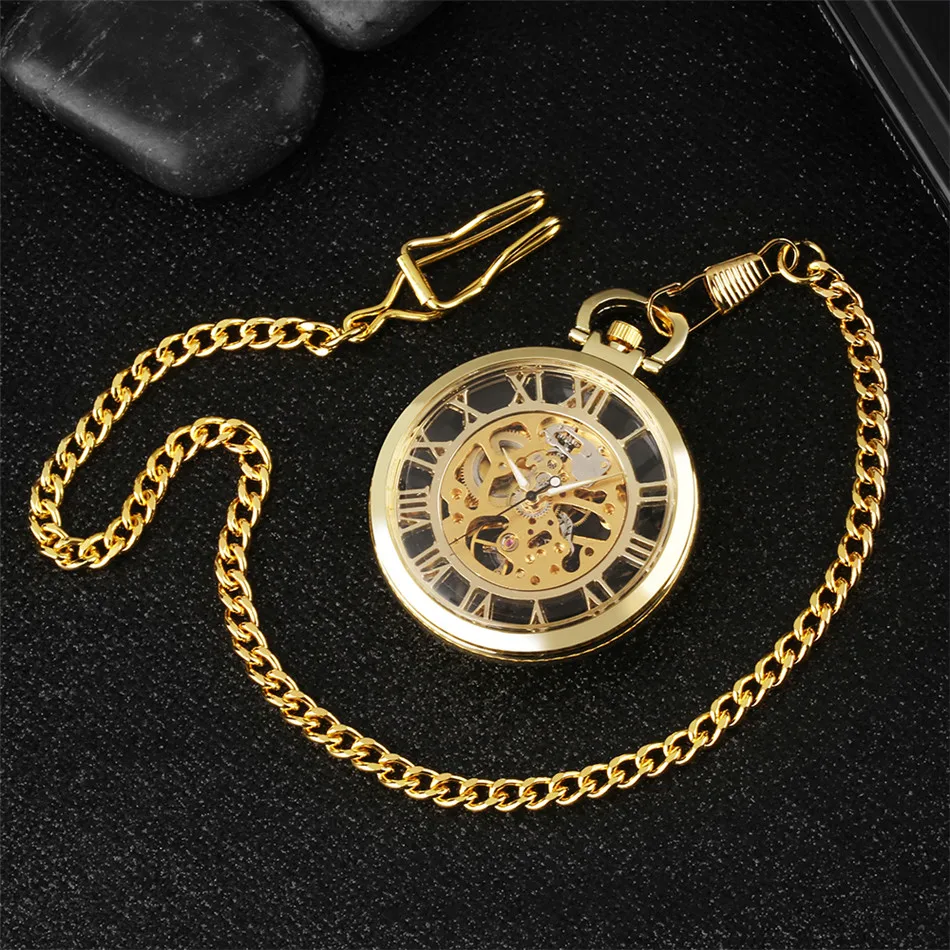 

Transparent Skeleton Roman Numerals Display Mechanical Pocket Watch Manual Pendant Pocket Clock Antique Watches Accessory Gifts