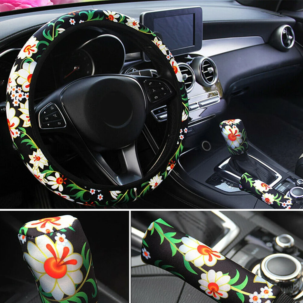 

3PCS Set New Unique Flower Auto Car Steering Wheel Cover Handbrake Sleeve Cover Gearshift Cover Steering Interior Accessories