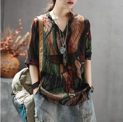

CulaccinoNew Printed Tencel Pullover In Summer 2020 Vintage Long Sleeve Shirt Women Befree