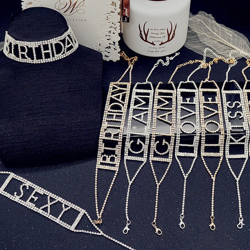 

FYUAN Sexy 6 Styles Full Rhinestone Choker Necklaces for Women Kiss Love Letter Crystal Necklaces Weddings Party Jewelry Gifts