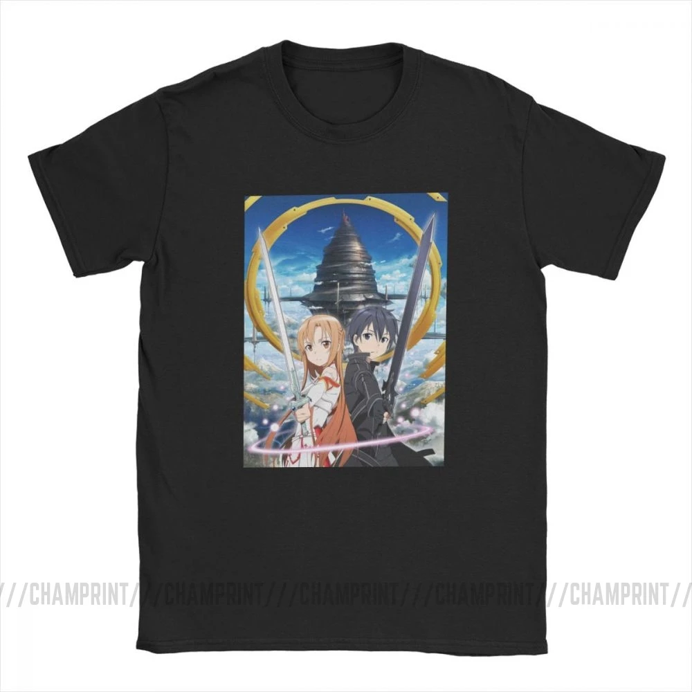 Мужские футболки с изображением меча онлайн модные топы Asuna и Kirito SAO 2019 круглым