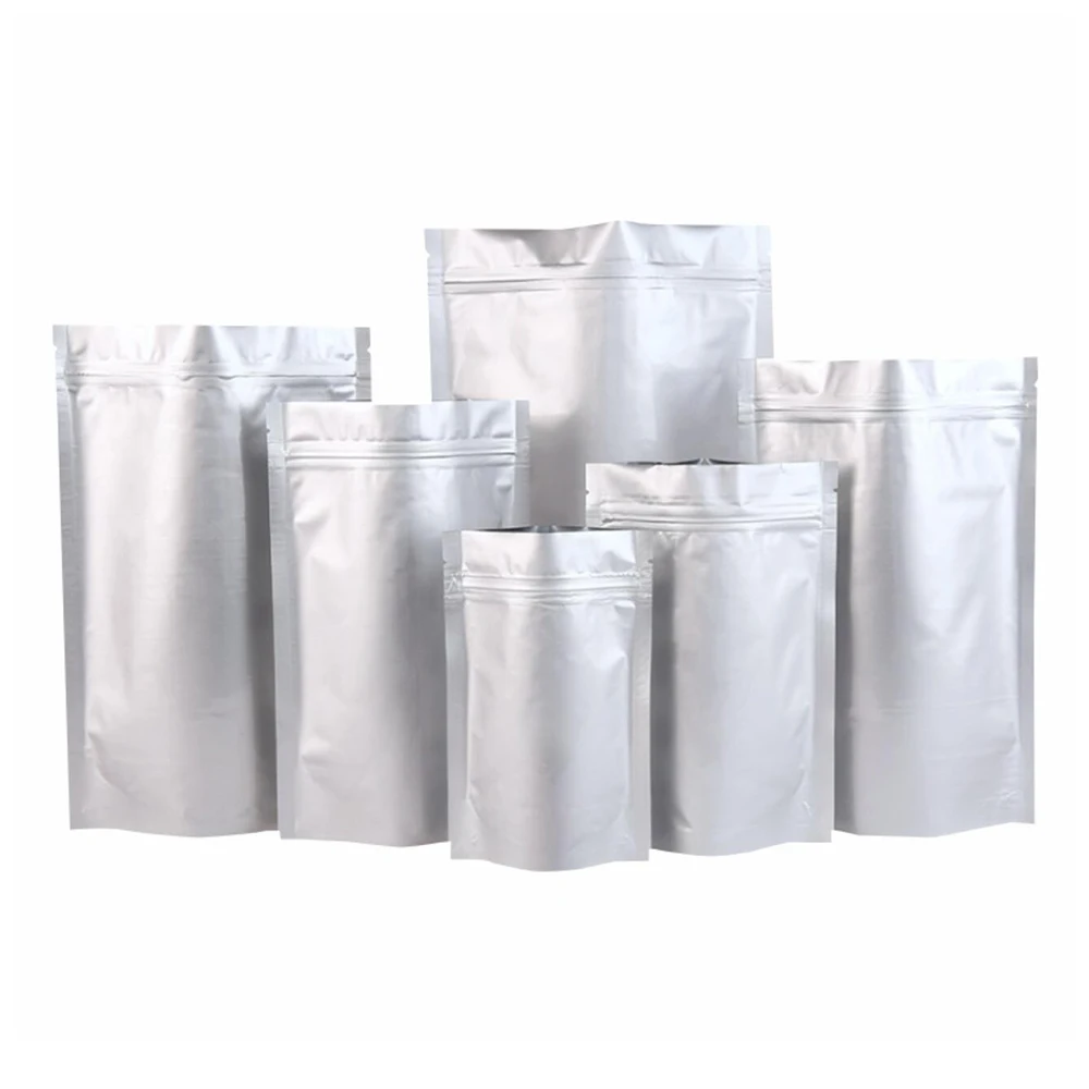 100 шт./лот стоячий мешочек из серебристой алюминиевой фольги на молнии для