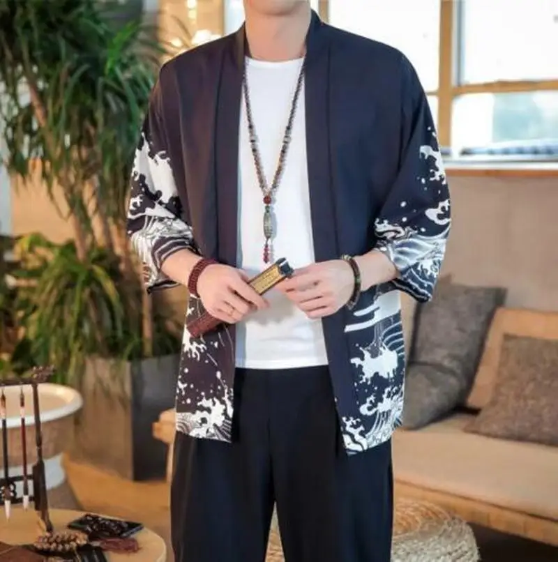 

Hot Sale Japanese Style Men's Casual Yukata Fish Printed Loose Kimono Cardigan Summer Blouse Shirt 2Colors W13