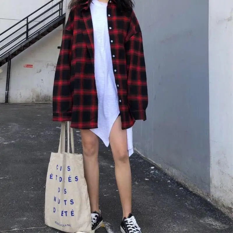 Рубашка женская клетчатая большого размера с длинным рукавом | Женская одежда