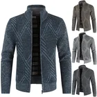 Мужской свитер с геометрическим рисунком, Повседневный Кардиган с воротником-стойкой, мужская куртка, трикотажное пальто, зима размера плюс, кардиган ретро