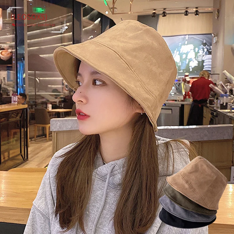 

Winter Autumn Polar Fleece Women Bucket Hat Fashion Irregular Design Flat Top Panama Cap Solid Color Suede Brim Fisherman Cap