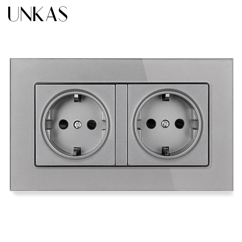 

UNKAS 16A двойная настенная розетка стандарта ЕС с украшением в виде кристаллов Стекло Панель Мощность заземленной с безопасной для детей защитной дверью серого и черного цветов