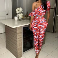 floral printing sexy two piece set puff sleeve skew collar open navel short tops high waist slimming pants 2pc set new arrivals