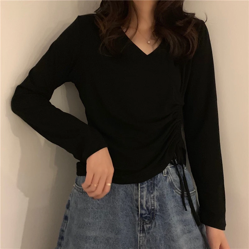 

V-Neck T Shirt Women Tops Fall 2021 Long Sleeve Casual Basic Drawstring Tshirt Clothes Korean Style Slim Female Cotton Tee Shirt