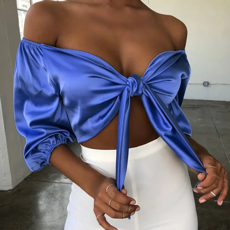 

Sexy Satin Slik Crop Top Women Bow Sashes V Neck Crop Top Sleeveless Half Sleeve Cropped Backless cropped feminino Tank Top