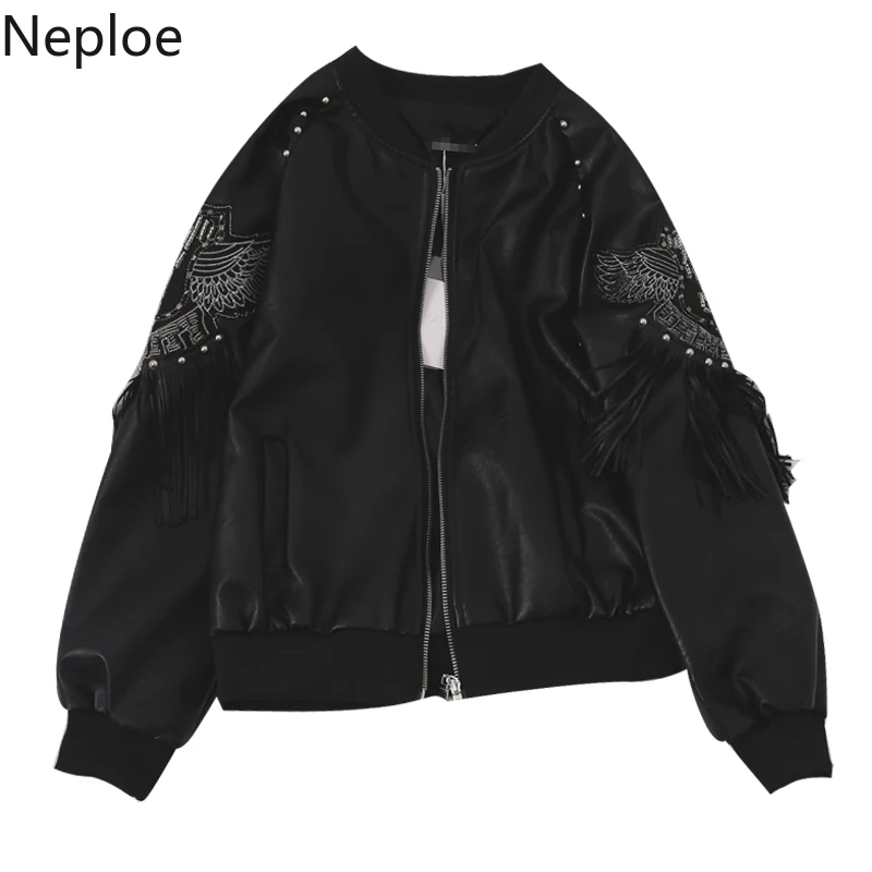 Neploe осень-зима кожаная куртка Для женщин Harajuku Стиль вышивкой пальто, украшенное бисером со стоячим воротником, с длинным рукавом, с кисточками, с эффектом потертости
