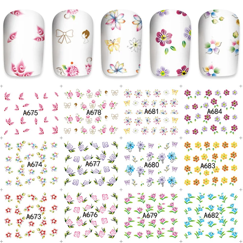 Наклейки для ногтей смешанного дизайна с 12 узорами бабочки цветами листьями
