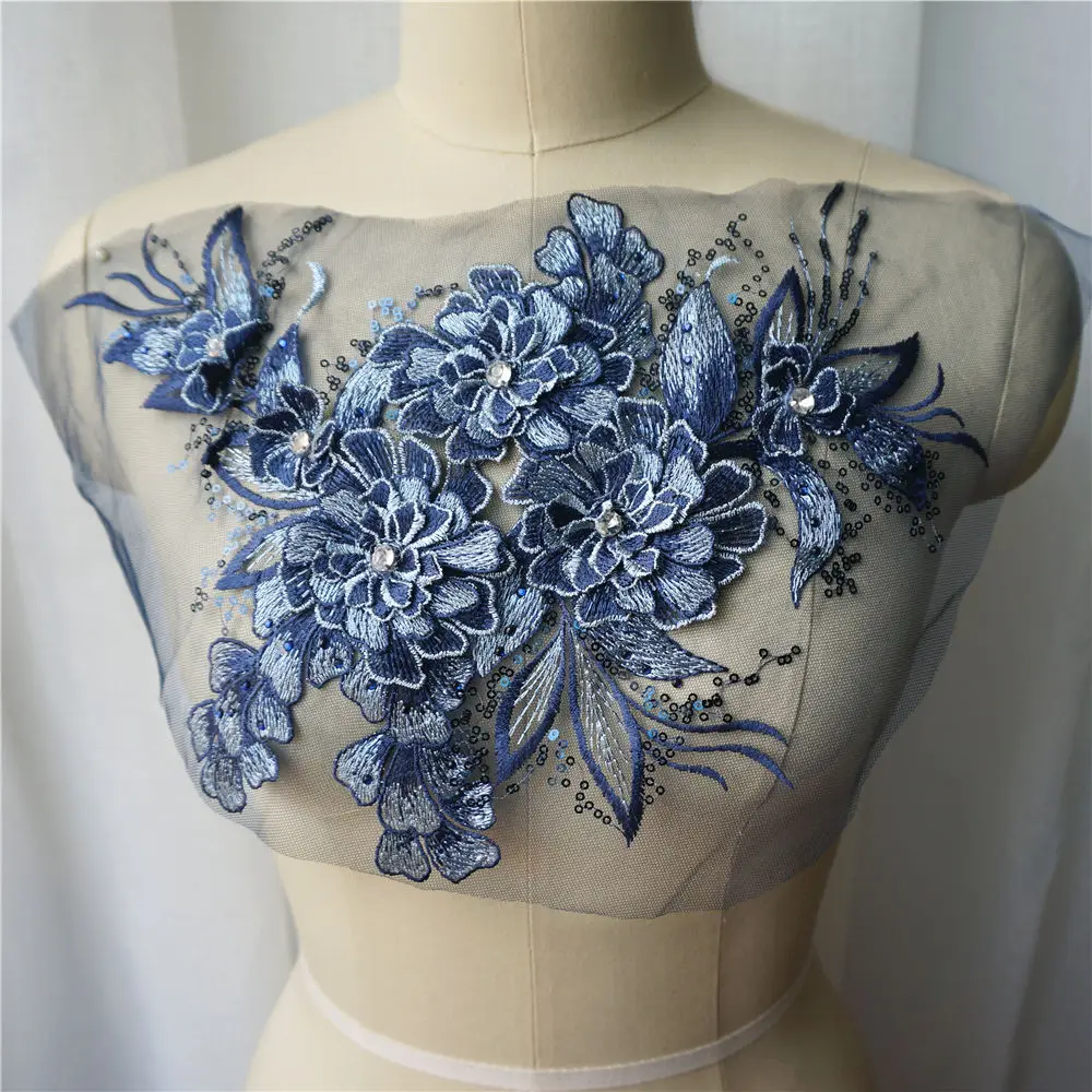 Темно-синяя 3D Цветочная ткань из листового Кружева Блестящие Стразы вышитая