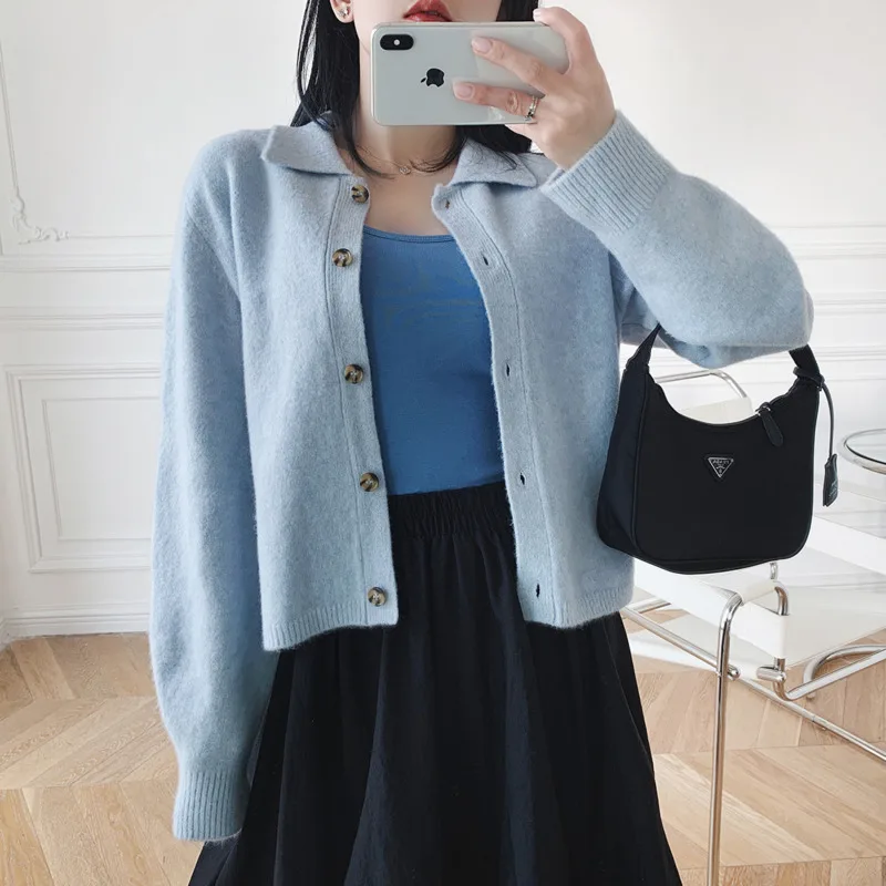 

PEONFLY Women Turn Down Collar Knitted Casual Short Sweaters Cardigans Lady Knitted Soft Autumn Outwear For Female Purple Blue