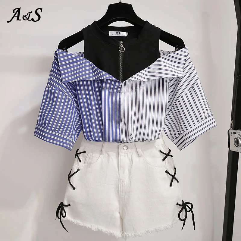 

Женский летний комплект из двух предметов Anbenser, милый корейский топ с открытыми плечами и шорты, комплект из двух предметов, женская одежда