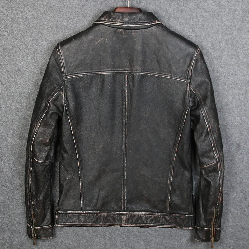 

Pop Nice Sample Design Mens Cow Leather Jackets Vintage Slim Turn-down Collar Genuine Leather Coats