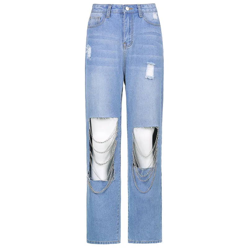 

2021 new personality street style chain hole high waist loose jeans