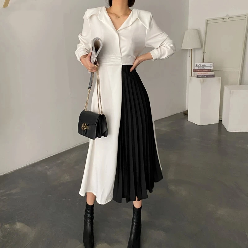 Женское элегантное платье трапециевидной формы с отворотами приталенное