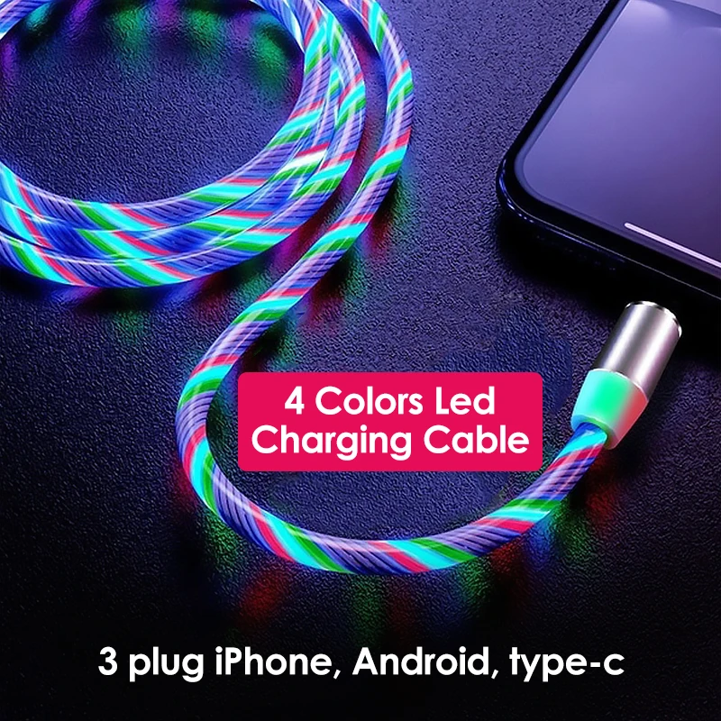 Магнитный USB кабель световой поток светодиодный кабель для iPhone XR X 7 8 Micro type C зарядное устройство Быстрая зарядка магнит Зарядка Тип C