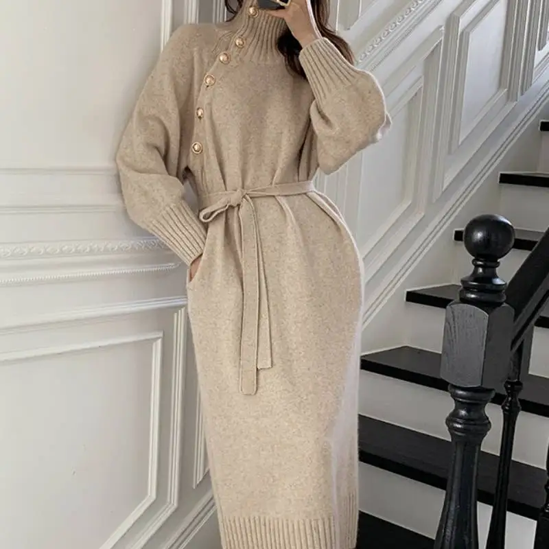 

Женское трикотажное платье, длинное зимнее платье-свитер с воротником-хомутом и длинными рукавами, на шнуровке