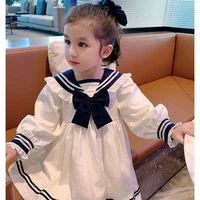 spring new 2022 kids cute sailor collar dresses for gilrs long sleeve bow white princess dress toddler girl clothing vestidos 8