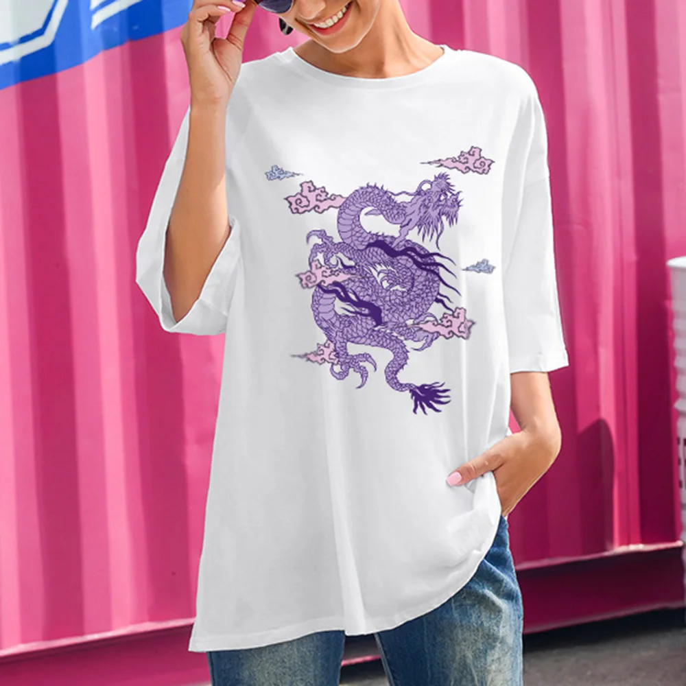 

Gothic Dragon Print T-Shirt Half Sleeve Summer Women Casual Loose Tees Streetwear Hip Pop Youth Shirts Student 2021 New Fashion
