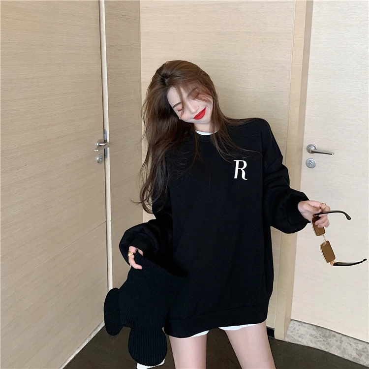 

Qooth Trendy Winter Autumn Women's Loose Long Length Sweatshirt Letter Tops Full Sleeve O Neck Casual Female Student Tops QT344