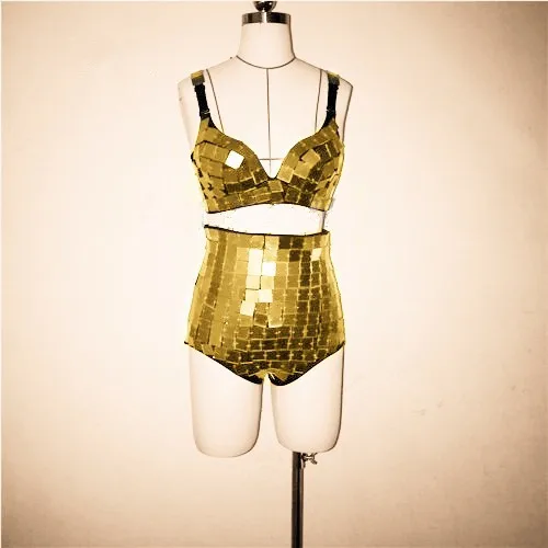 (Бюстгальтер + шорты) золотистый/серебристый/красный Зеркальный цвет сексуальный