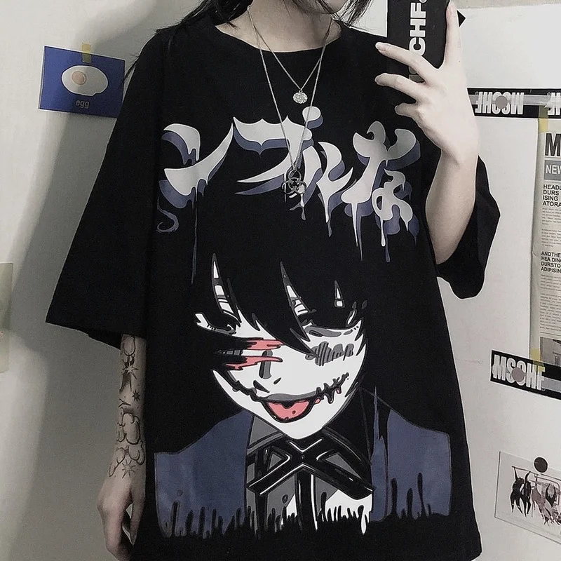 Camisetas góticas con estampado de Emo negro para mujer, camisetas con estampado de Anime Hentai, Harajuku de Japón, Tops geniales Y2K para chica, ropa Punk Alt