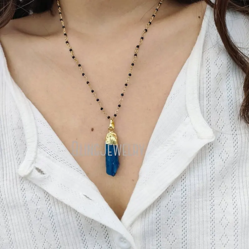 NM40668 Raw Kyanite Necklace Natural Quartz Rough Kyanite Pendant Necklace Friendship Necklace with Healing Crystal Rosary Chain