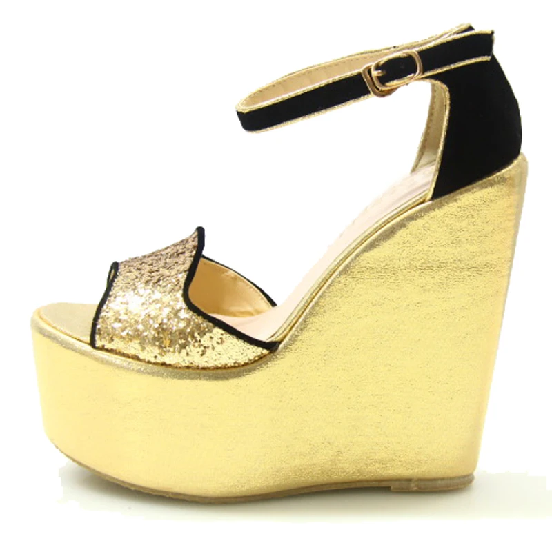 Новинка босоножки на танкетке и высоком каблуке 15 см блестящая женская обувь