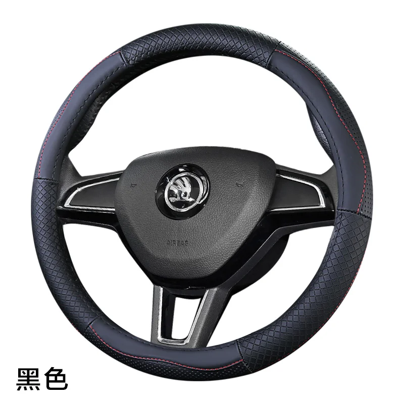 A black Верхний слой кожаный руль чехлы для skoda Fabia Octavia Scout Rapid Spaceback Superb Kodiaq Karoq Roomster Praktik Yeti - Название цвета: A black